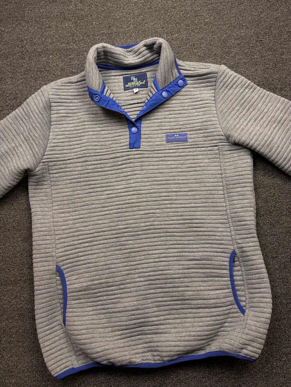 Simply Southern Ribbed Quarter-Snap Pullover Jacket - Gray/Blue - Size Medium